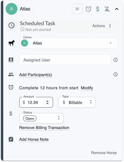 Questri task configuration for Atlas with a 12.34 dollar amount, Billable type, and Open transaction status.