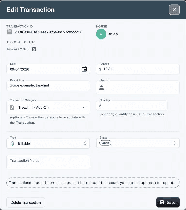 Saved Questri billing transaction for Atlas, Guide example: treadmill, with its associated task link, a 12.34 dollar amount, Billable type, and Open status.