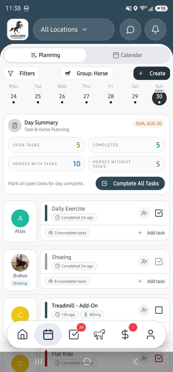 Questri mobile app showing the day summary and current horse tasks