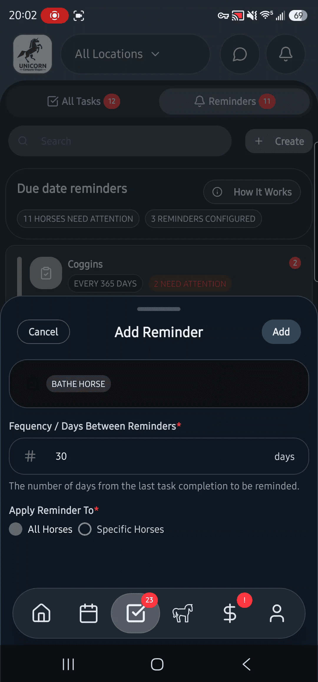 Questri mobile reminder setup form with task selection, days between reminders, and options for all horses or specific horses.