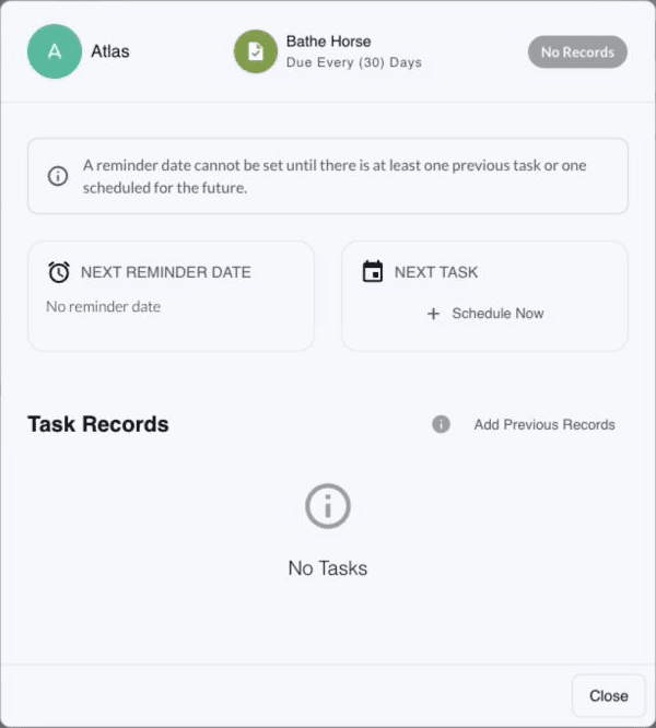 Saved Bathe Horse reminder for Atlas showing No Records, no reminder date, Schedule Now, and an empty Task Records section.