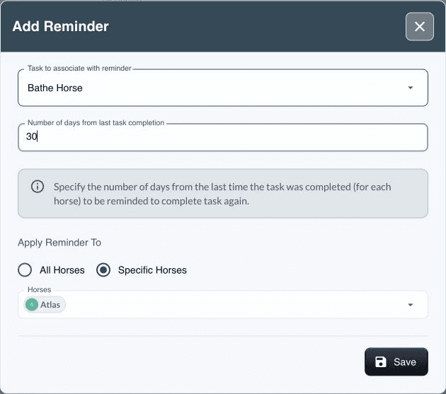 Questri Web app Add Reminder form with Bathe Horse, a 30-day interval, and Atlas selected under Specific Horses.