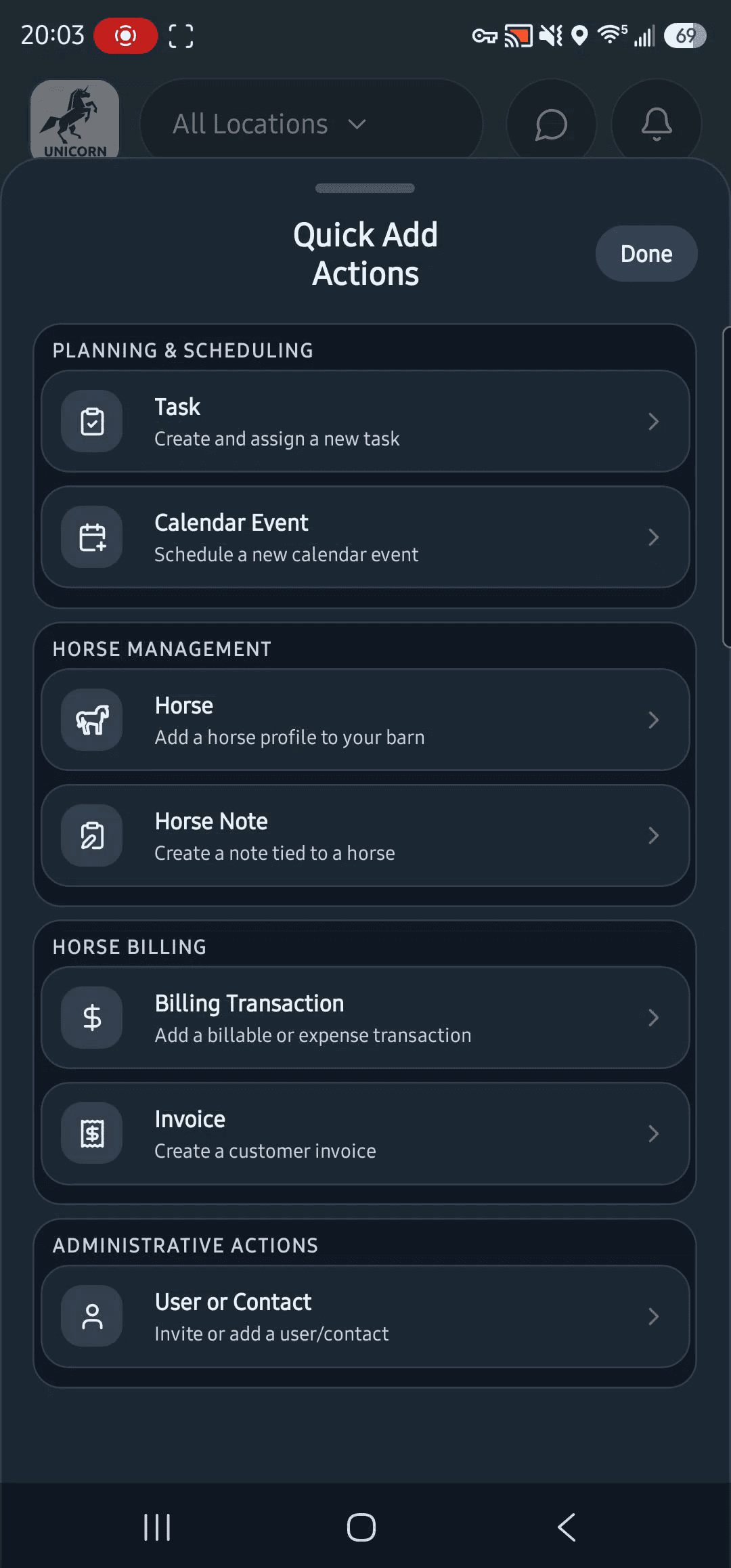 Questri Mobile app Quick Add Actions with separate Task and Calendar Event options under Planning and Scheduling.