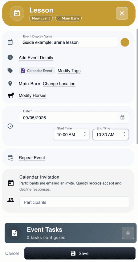 Questri Web app calendar event form for Guide example: arena lesson, Main Barn, September 5 from 10 to 10:30 AM, with no participants or linked tasks.