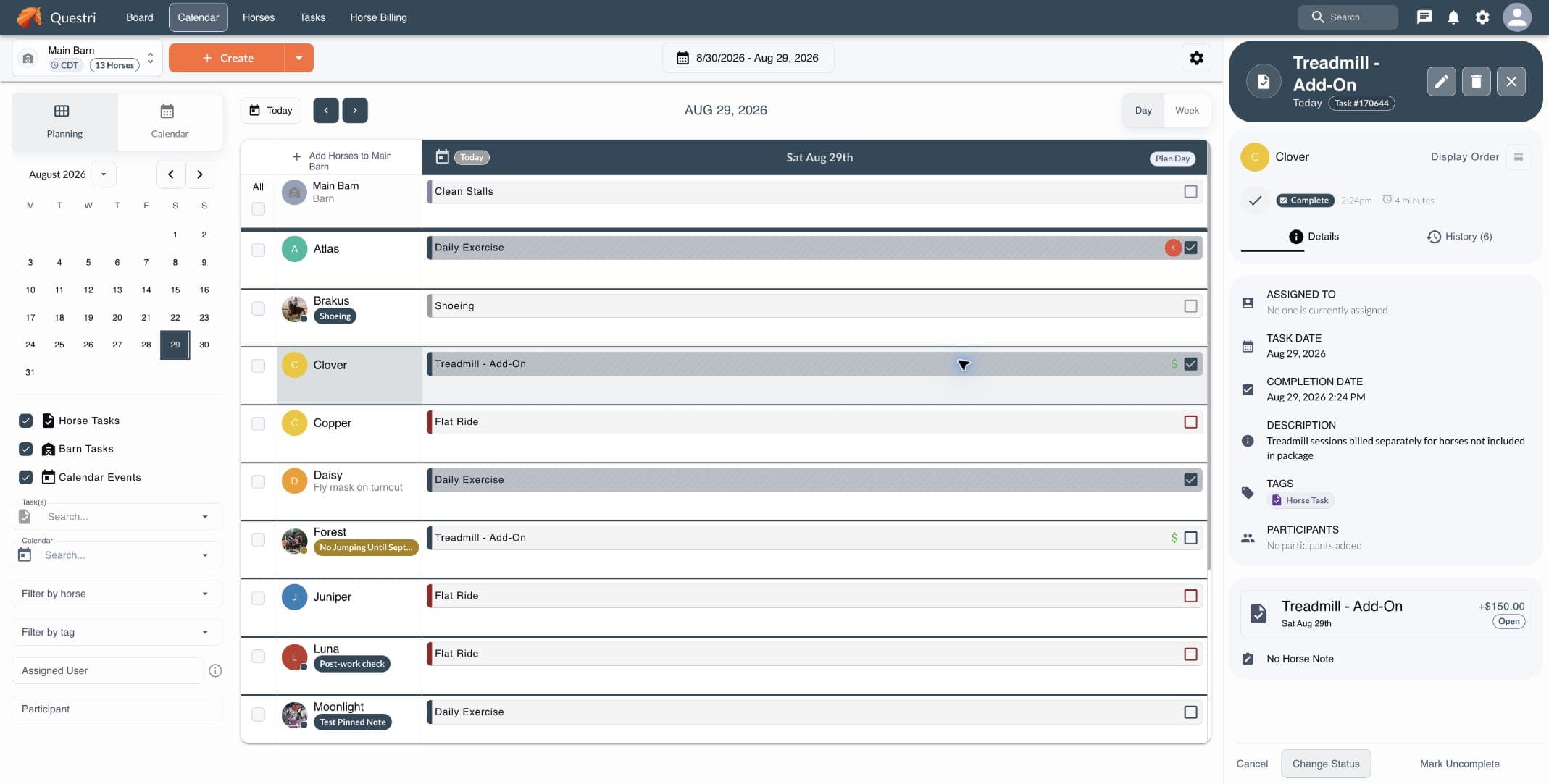 Questri completed task for Clover with its linked billing transaction and horse-specific details