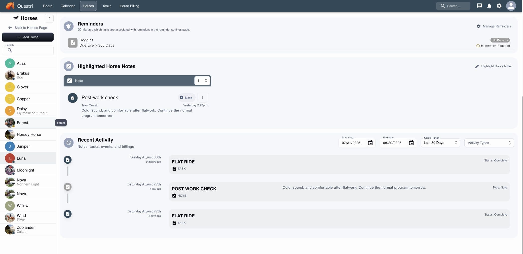 Questri horse record for Luna with reminders, a highlighted post-work note, and recent activity